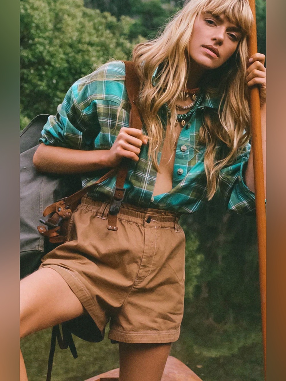 Spell and the gypsy high tide green/gold plaid flannel button up, size XS.